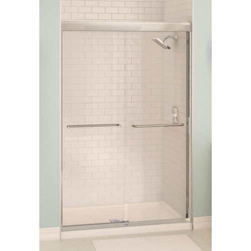 Maax Aura 48 In. W. X 71 In. H. Brushed Nickel Frameless Clear Glass Sliding Shower Door