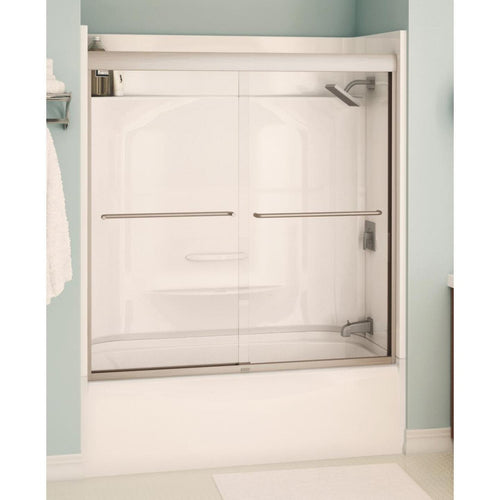 Maax Aura 59.5 In. W. X 57 In. H. Brushed Nickel Semi-Frameless Clear Glass Sliding Tub Door