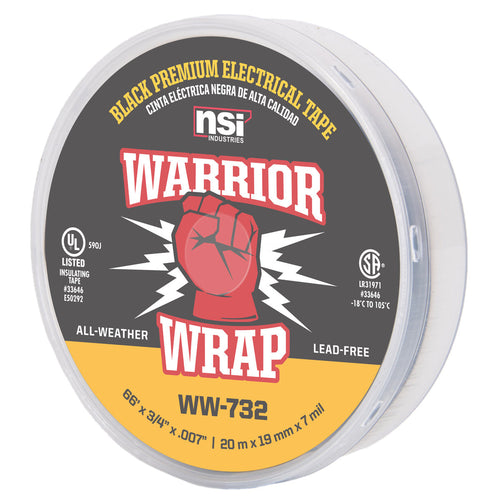 NSI Industries WW-732 WarriorWrap Premium 3/4 in. x 66 ft. 7 mil Vinyl Large Electrical Tape, Black